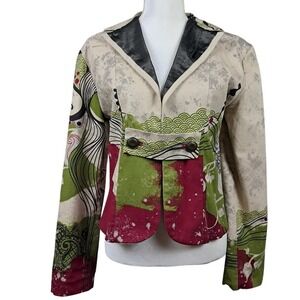 PARAMITA‎ 10 Funky Cropped Jacket Boho Art to Wear Green Red Ivory Satin Lapels
